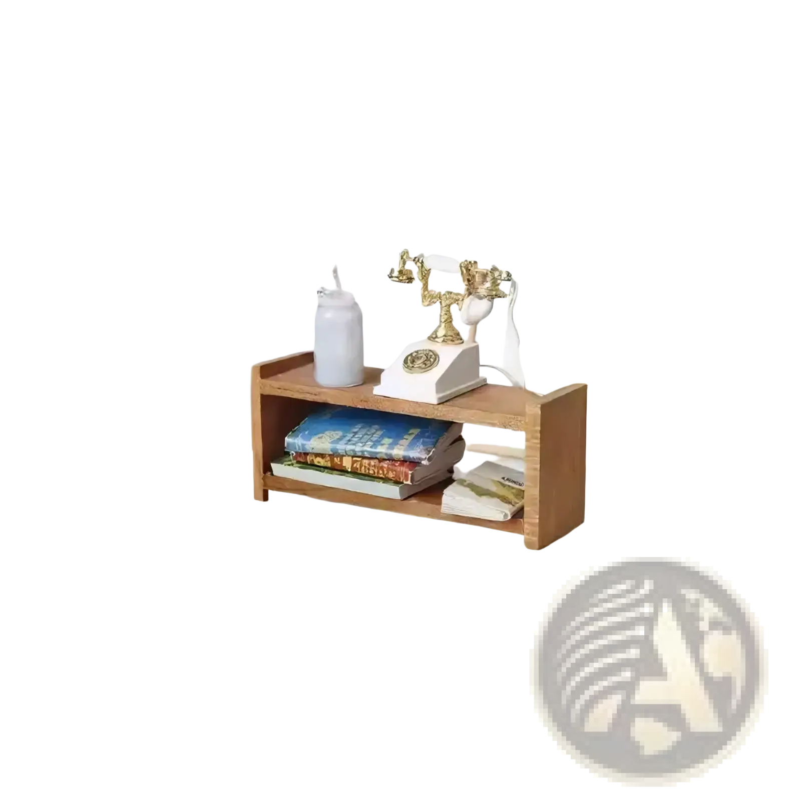Light brown wooden dollhouse storage shelf miniature furniture with two shelves holding books and vintage telephone