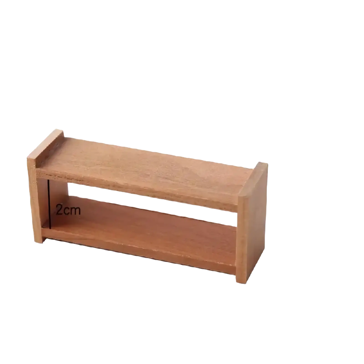 Minimalist two-tier wooden dollhouse storage shelf with light brown finish and simple design