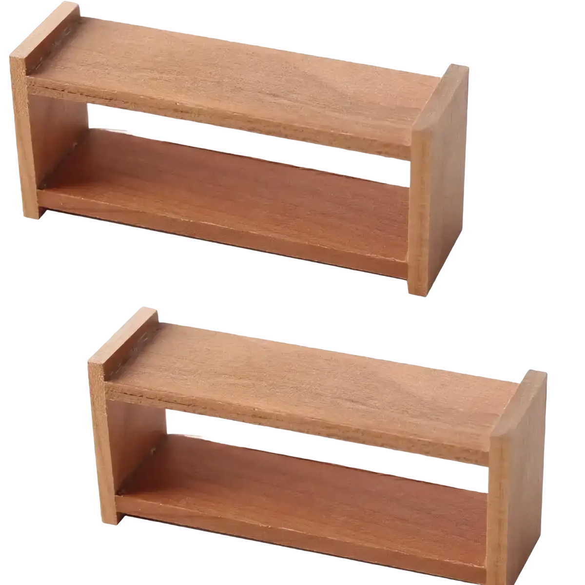 Two miniature wooden shelves with warm natural finish and simple design for dollhouse wooden storage furniture