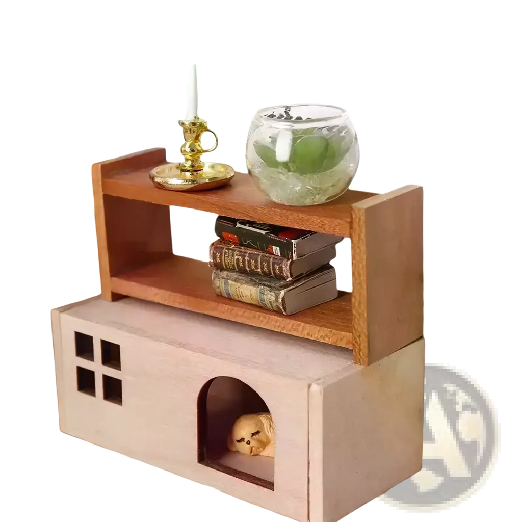 A charming two-tiered warm-toned wooden dollhouse storage shelf with an arched doorway and golden skull figurine