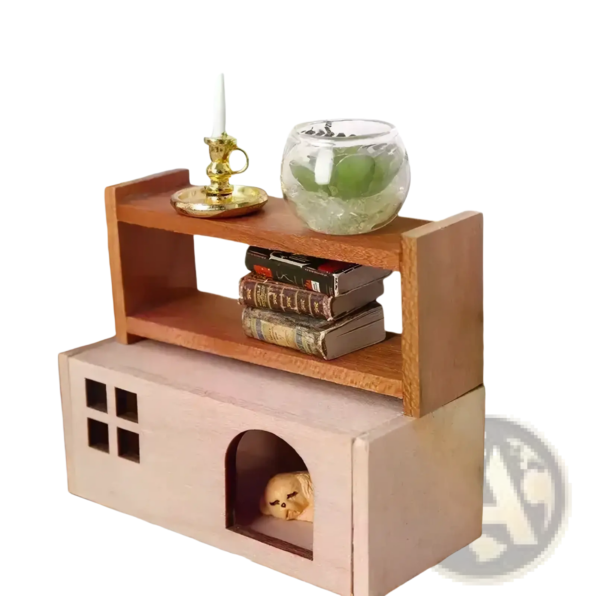 A charming two-tiered warm-toned wooden dollhouse storage shelf with an arched doorway and golden skull figurine