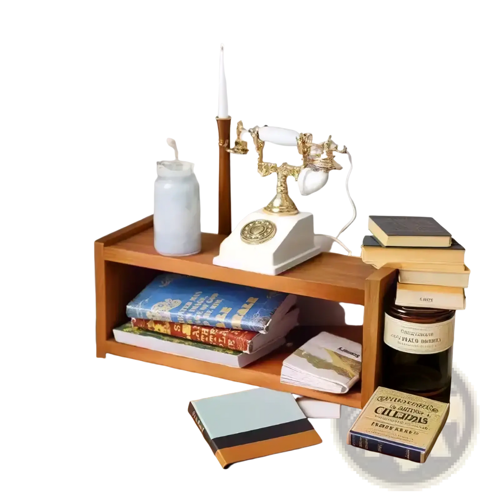 Vintage-style rotary telephone with cream-colored base and gold-tone metal accents on dollhouse wooden storage shelf miniature furniture