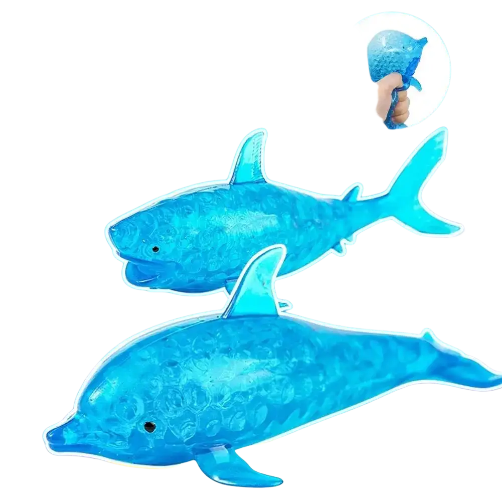 Blue translucent dolphin shark stress relief toy with squishy gel-like texture for sensory fidget use product specifications