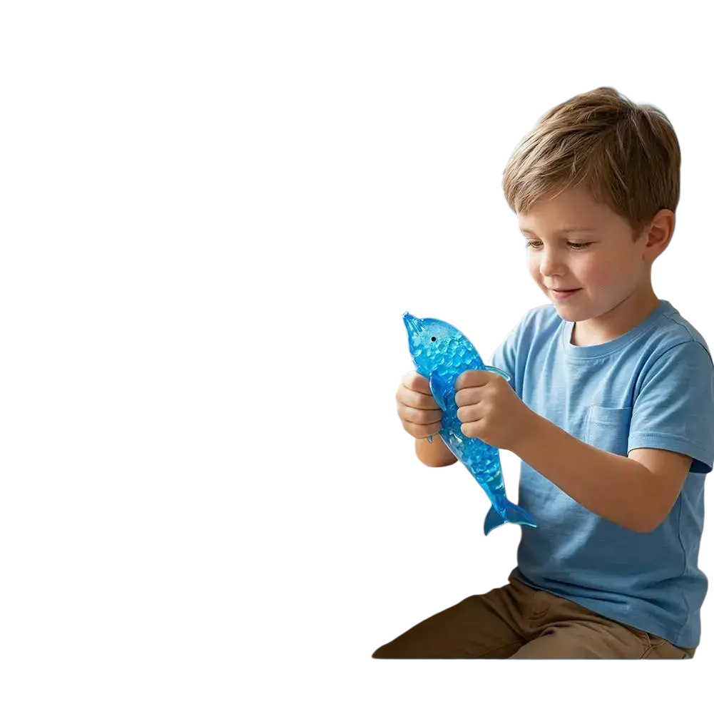 Blue translucent dolphin shark stress relief toy with textured bubble interior and small hole near the head