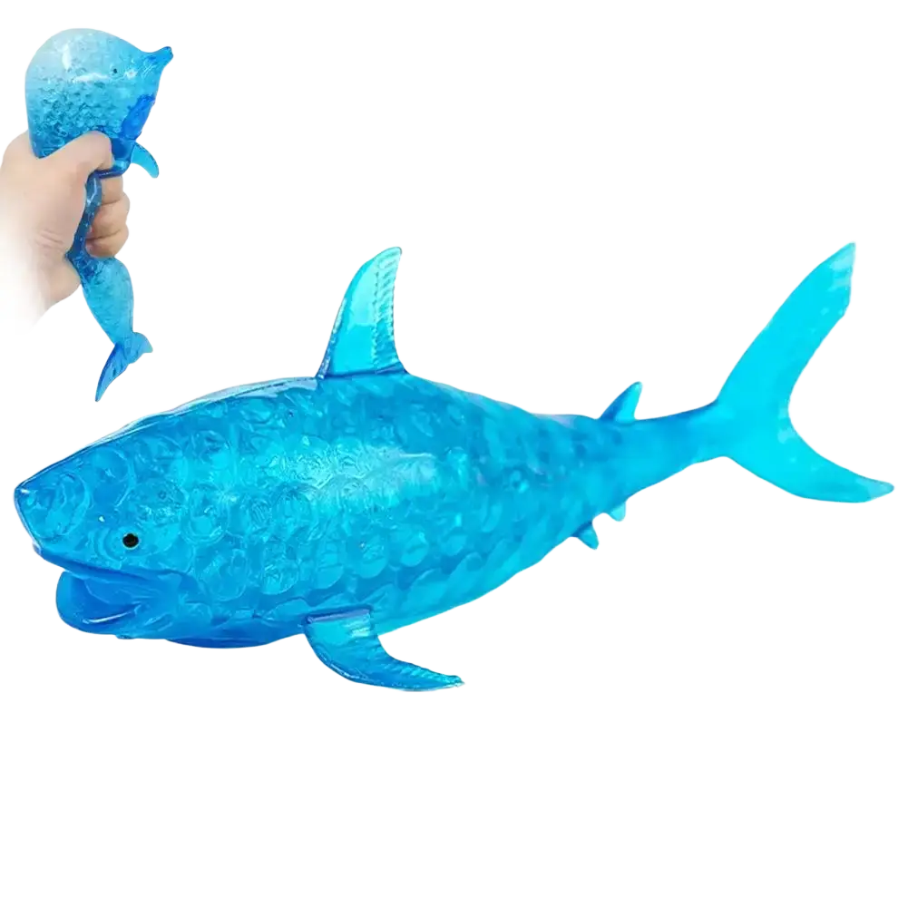 Blue translucent shark-shaped stress relief toy with textured surface and matching dolphin companion for sensory fidget