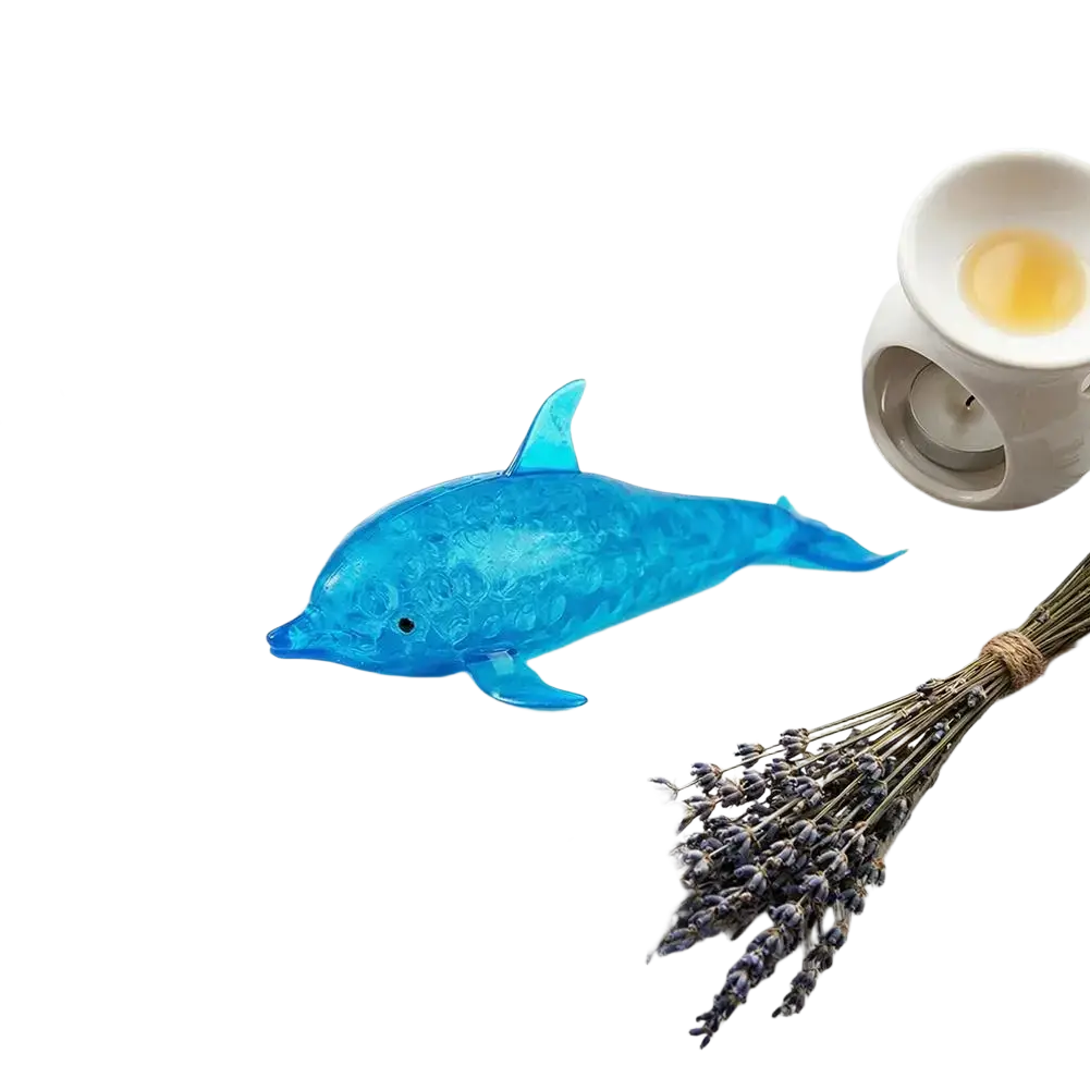 Translucent blue dolphin shark stress relief toy with textured gel-like surface for sensory fidget use