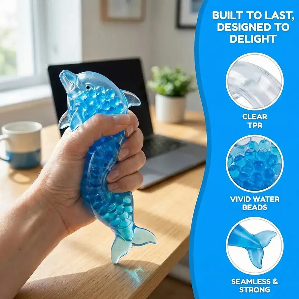 Translucent blue dolphin shark stress relief toy made of clear tpr filled with vivid water beads for sensory use