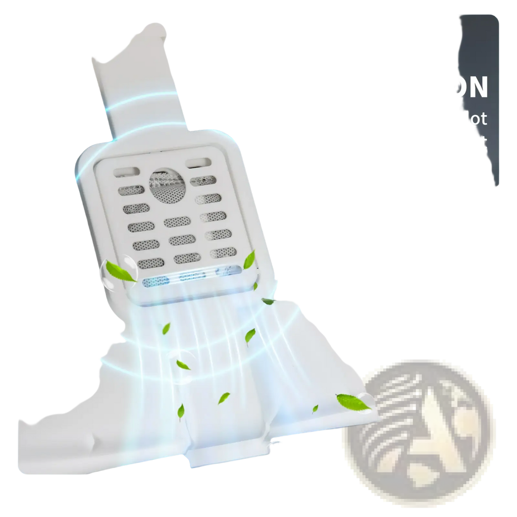 White plastic deodorant filter slot with grid pattern and circular opening on back of dome covered cat litter box white and gray