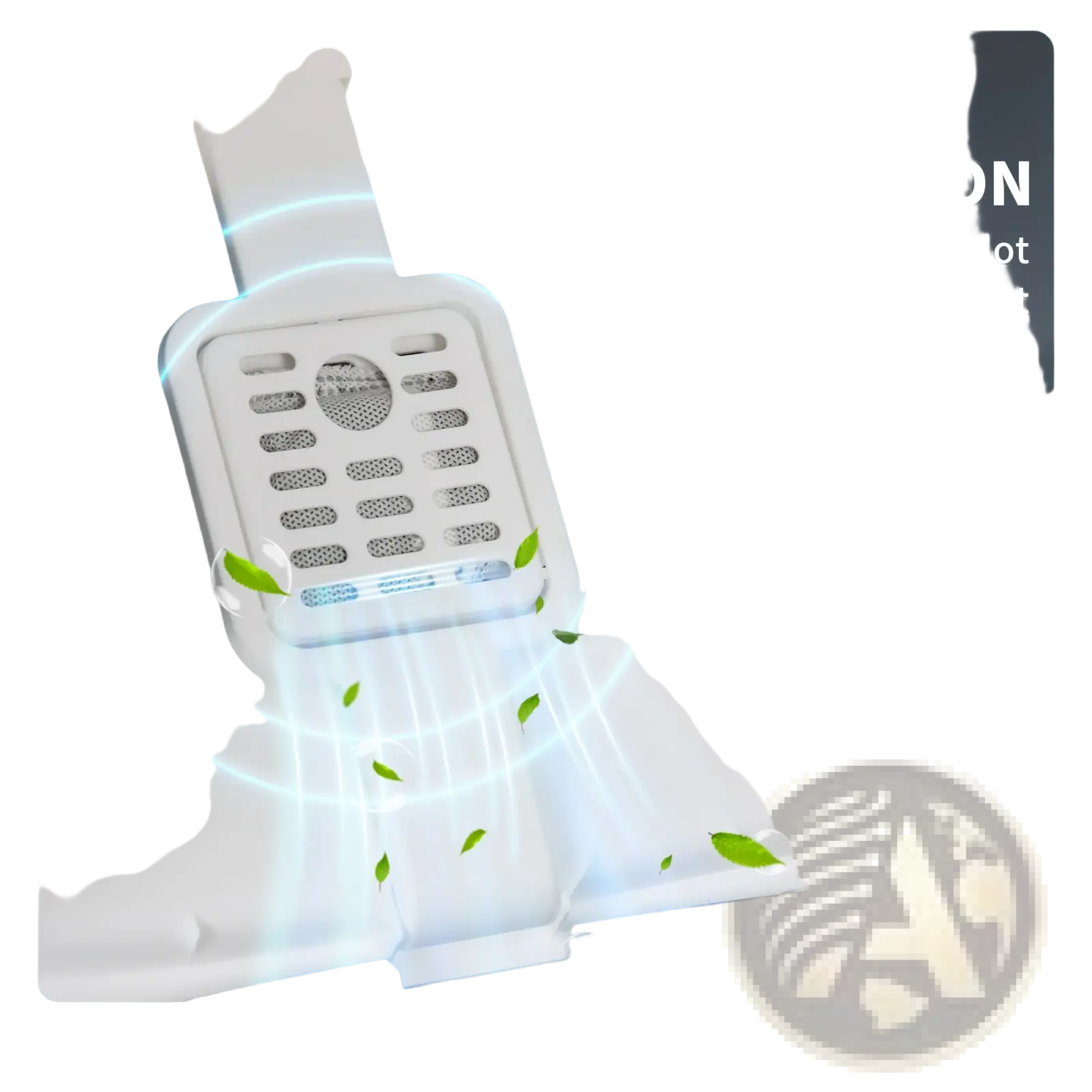 White plastic deodorant filter slot with grid pattern and circular opening on back of dome covered cat litter box white and gray