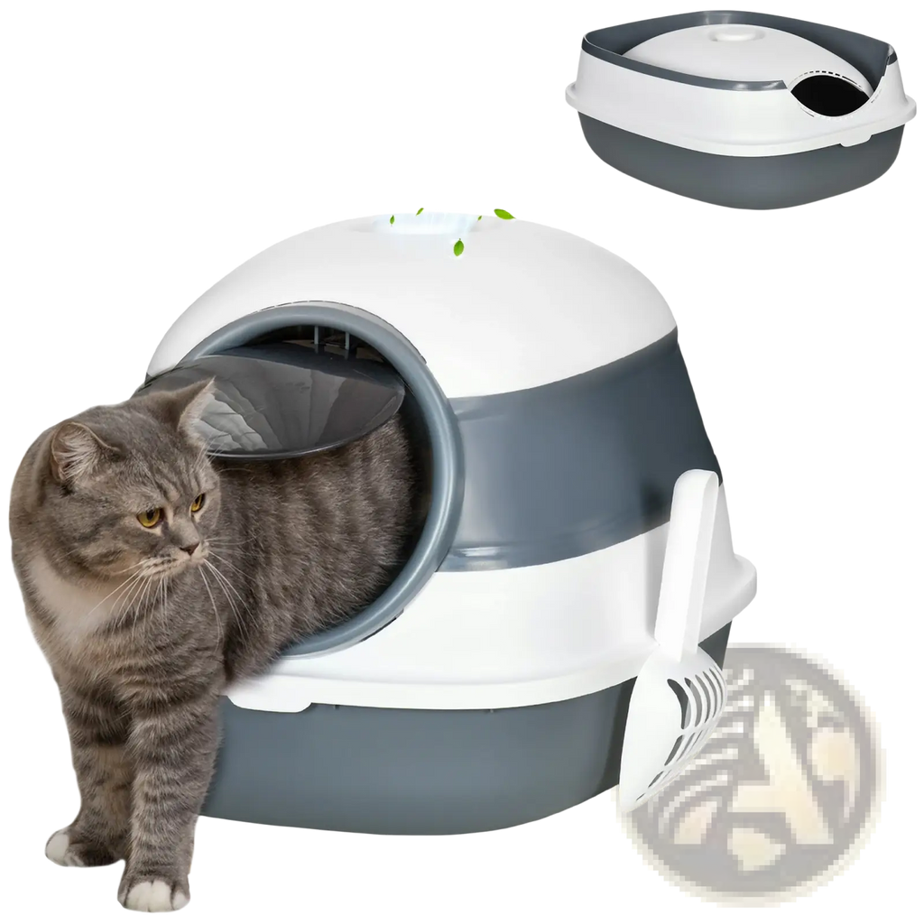 Dome covered cat litter box in white and gray plastic with rounded entrance and side handle for easy cleaning