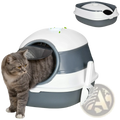 Dome covered cat litter box in white and gray plastic with rounded entrance and side handle for easy cleaning