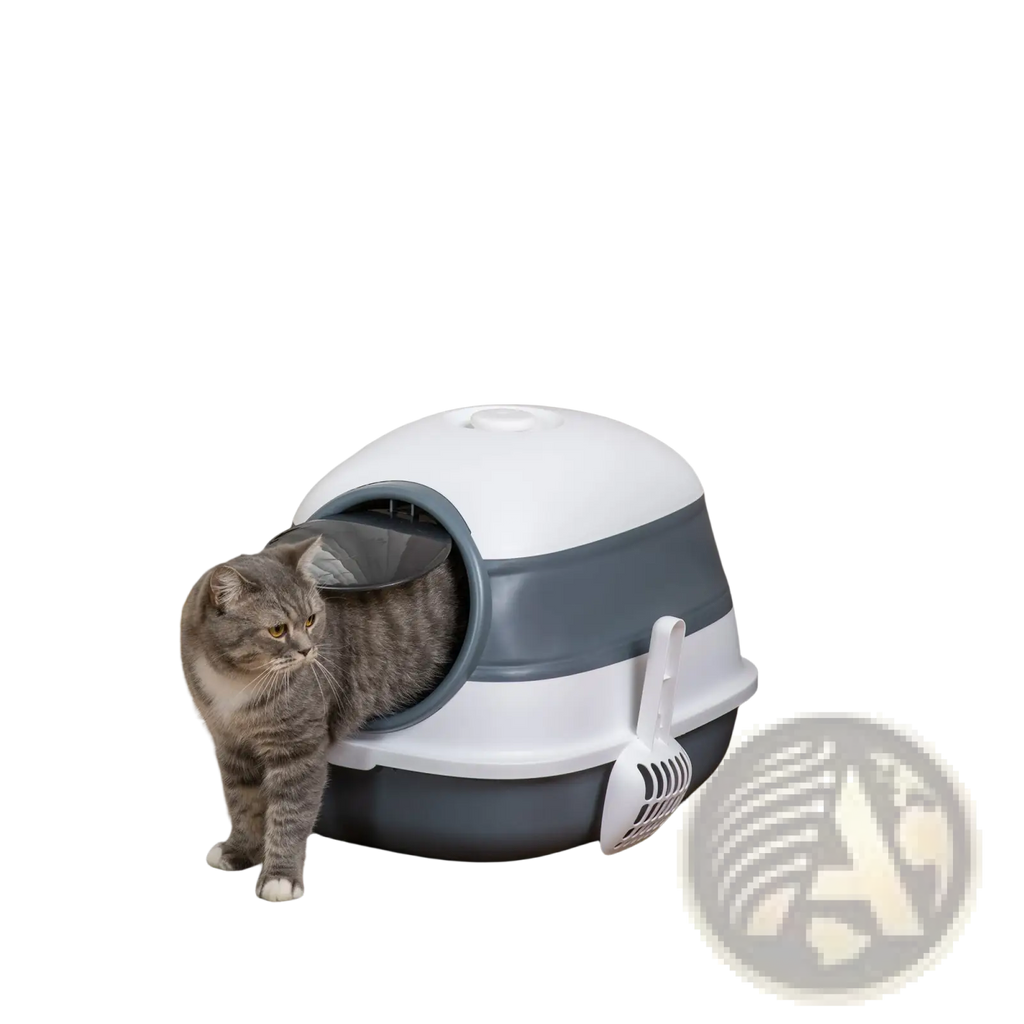Gray and white dome covered cat litter box with side entrance and attached scoop for easy cleaning