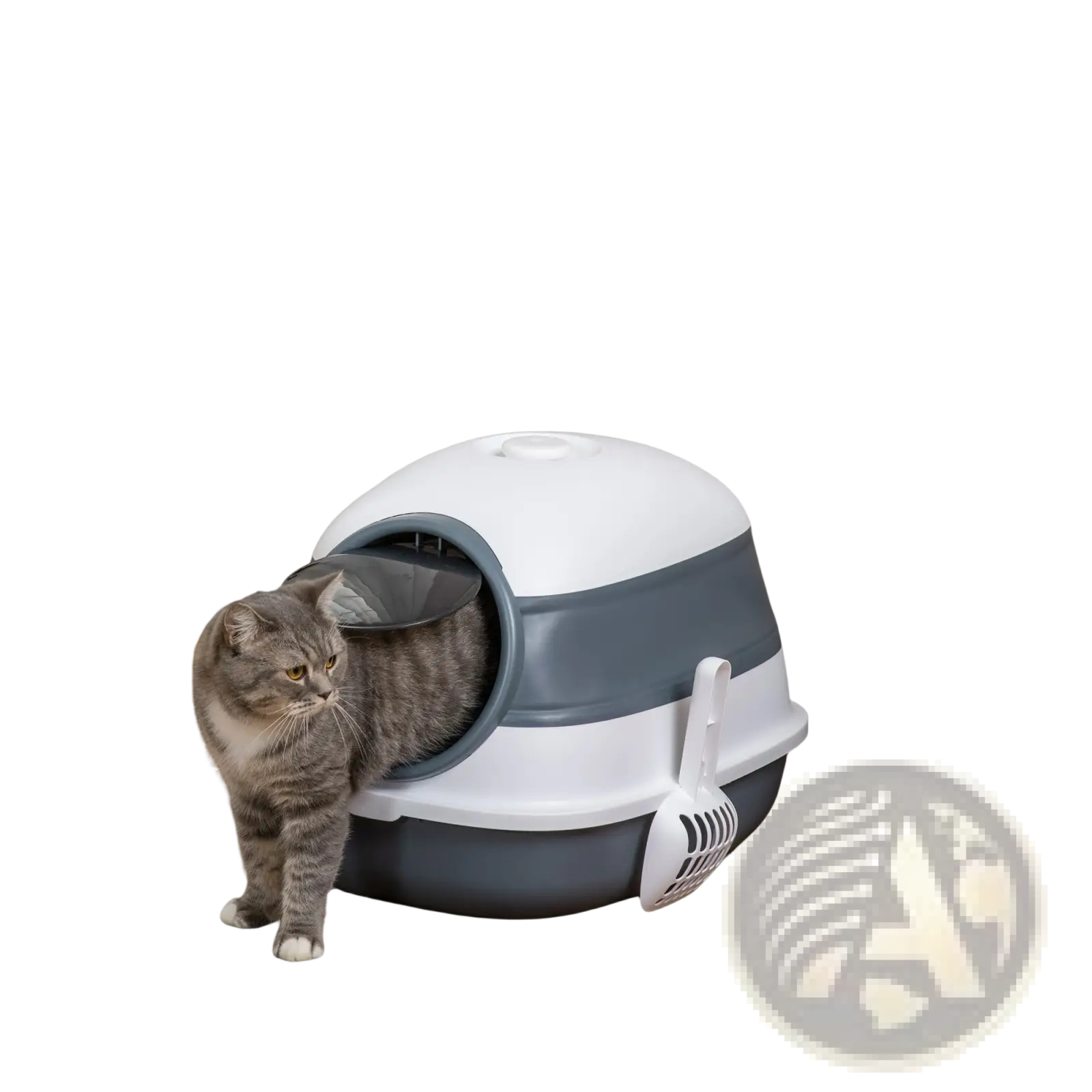 Gray and white dome covered cat litter box with side entrance and attached scoop for easy cleaning