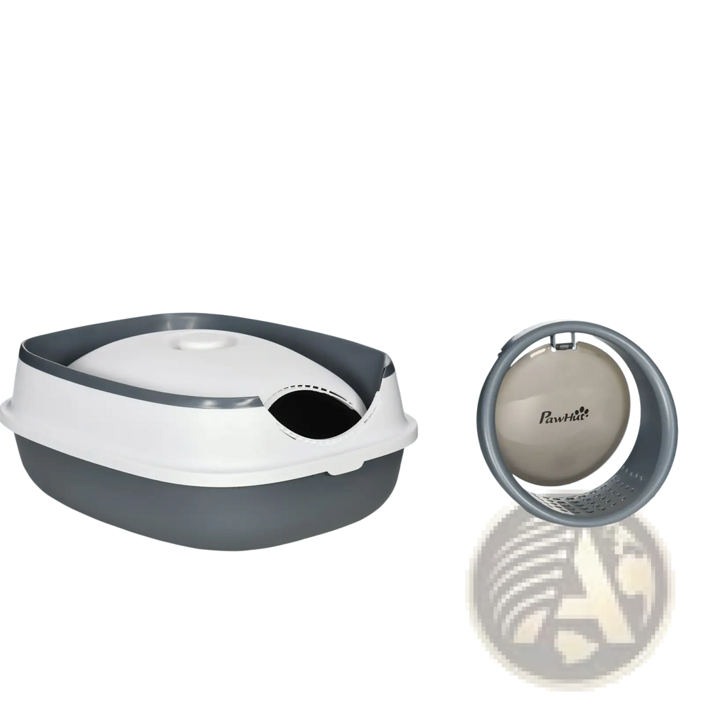 The pawhut dome covered cat litter box white and gray features a foldable plastic design with a removable circular tray