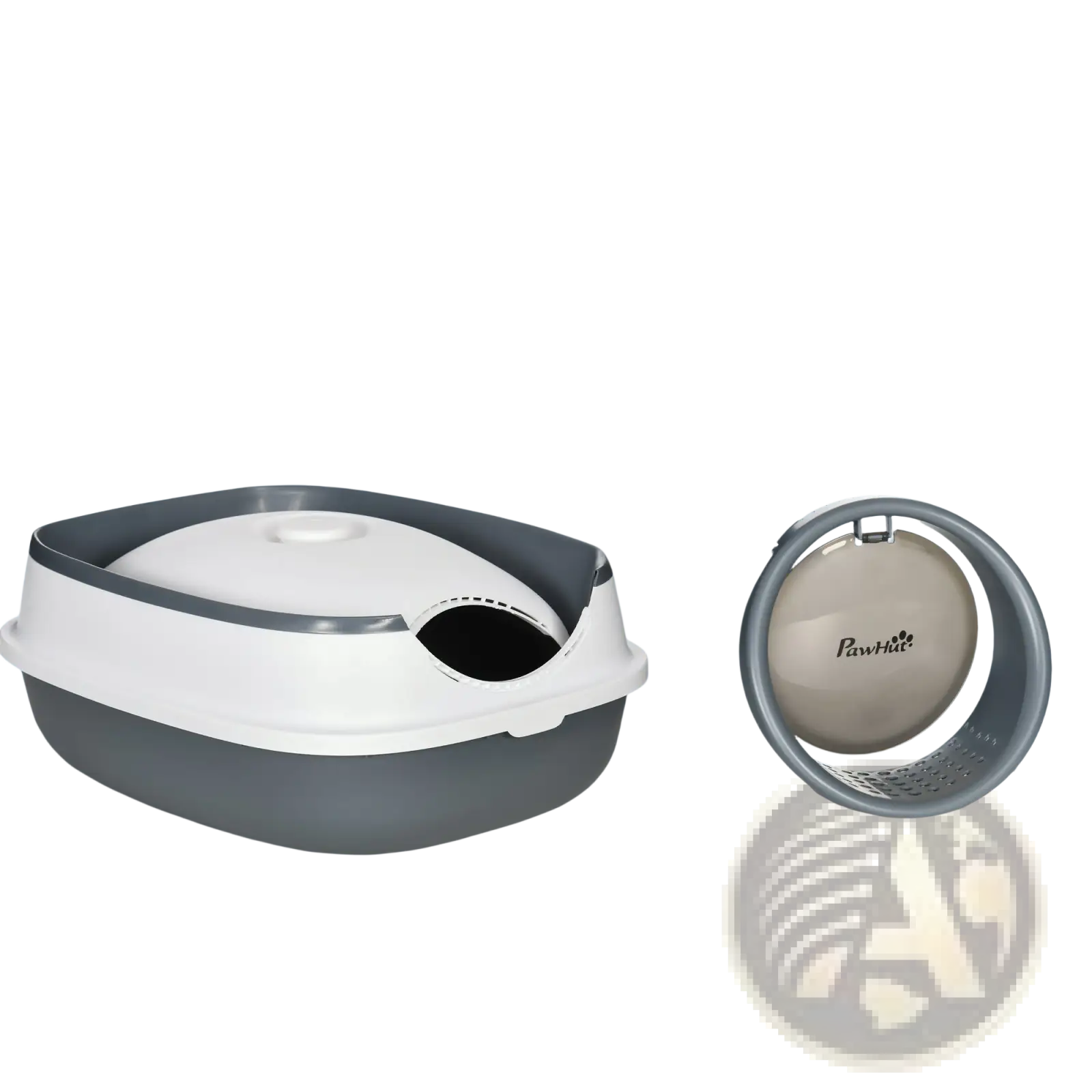 The pawhut dome covered cat litter box white and gray features a foldable plastic design with a removable circular tray