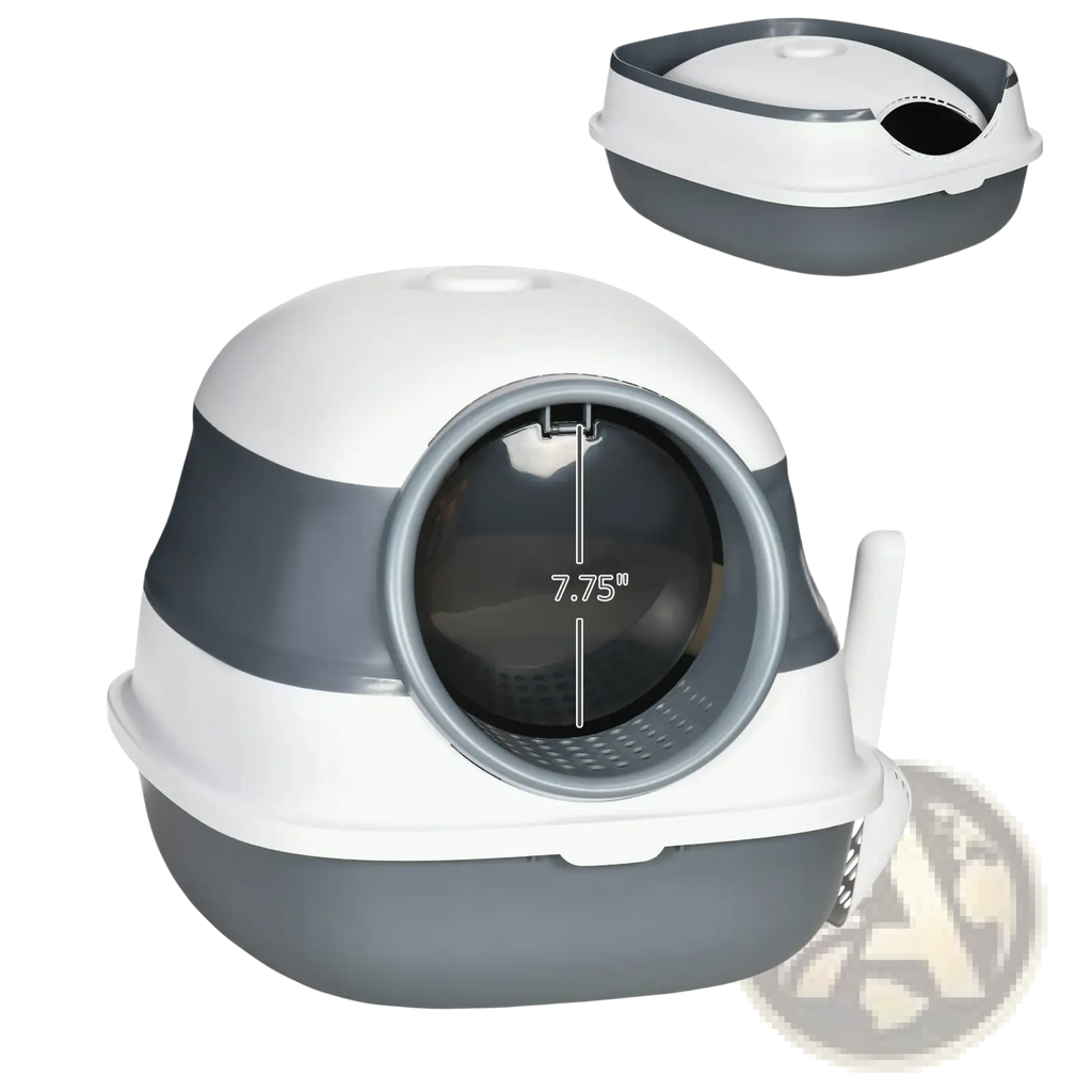 Gray and white plastic dome covered cat litter box with round transparent front panel for convenient use