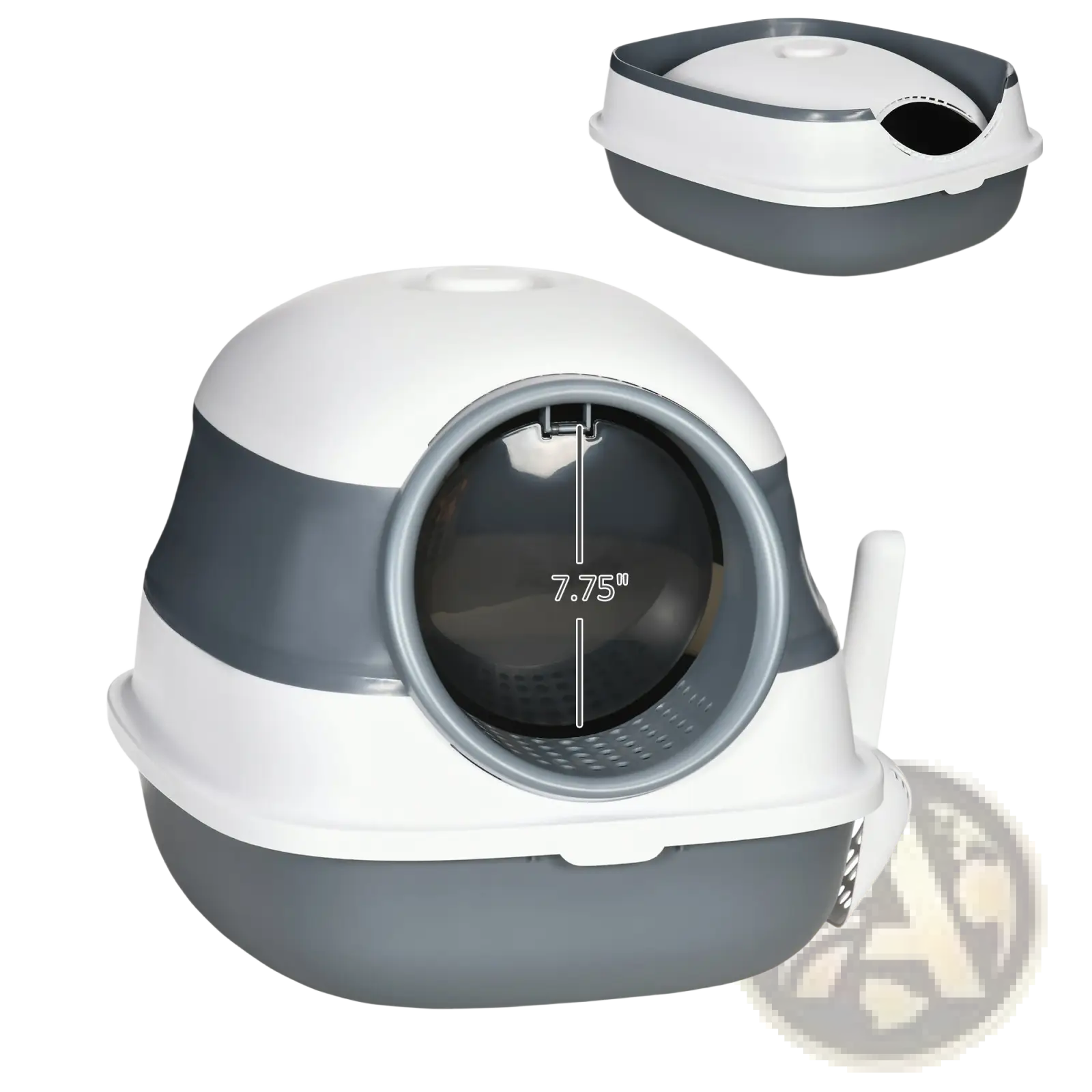Gray and white plastic dome covered cat litter box with round transparent front panel for convenient use