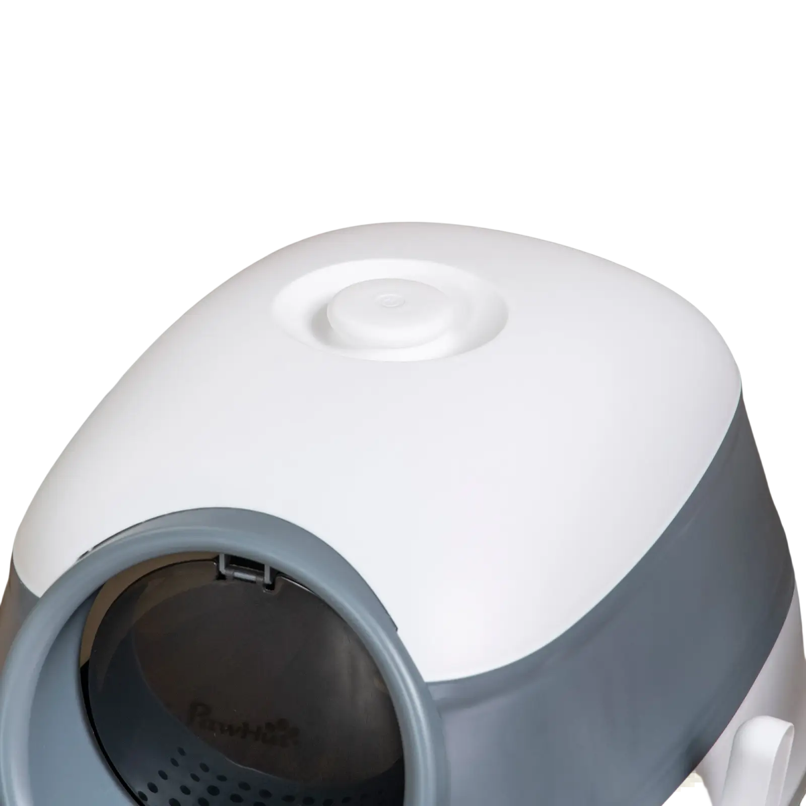White and gray plastic dome covered cat litter box with a rounded modern design for indoor pet use