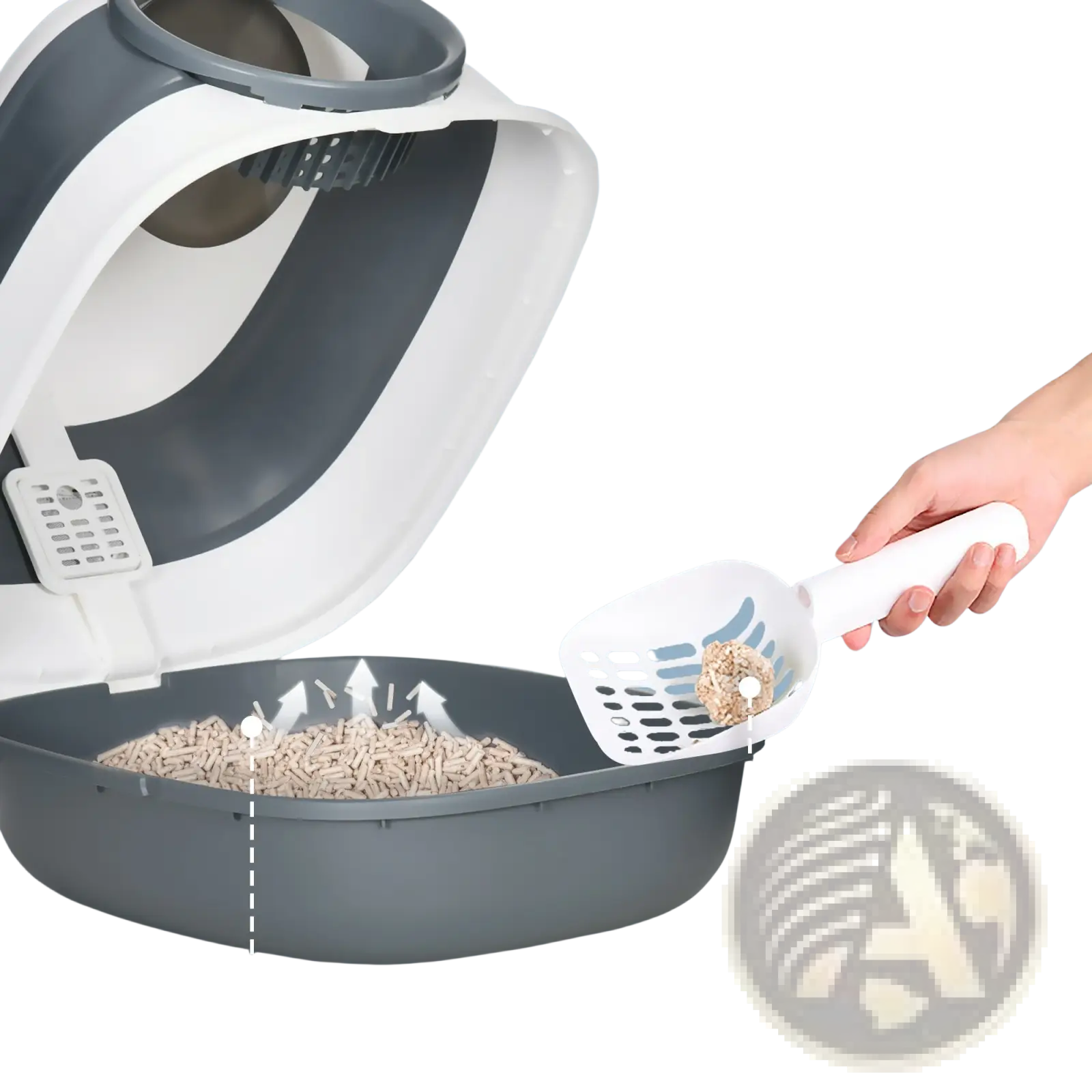 White plastic scoop with perforated design for easy cleaning included with dome covered cat litter box white and gray