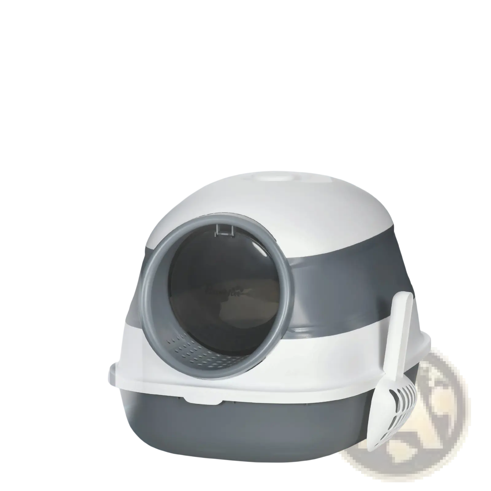Dome covered cat litter box in white and gray plastic with a rounded entrance and attached scoop for easy cleaning