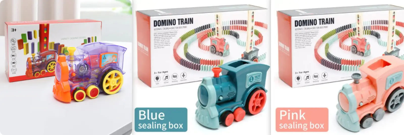 The domino train toy automatic electric building blocks set features three colorful plastic locomotives with red wheels and domino tracks