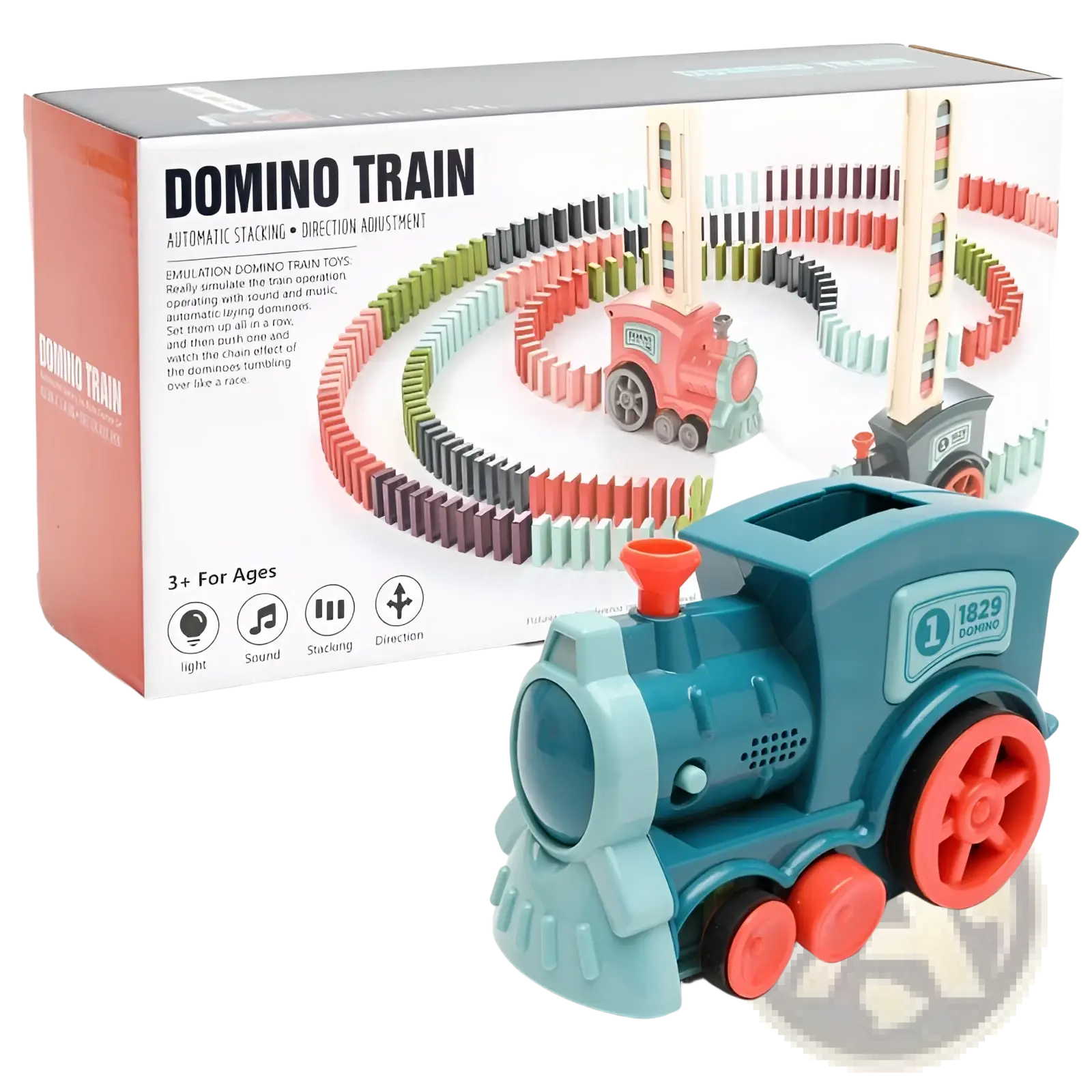 Blue plastic domino train toy with red wheels and pink smokestack from the automatic electric building blocks set