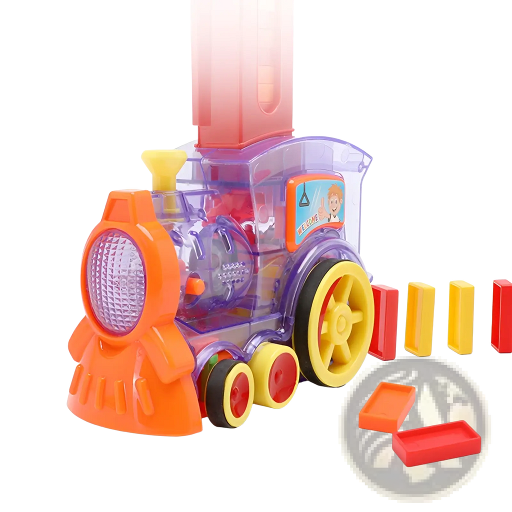A colorful domino train toy with an orange front, purple transparent body, and yellow wheels made of plastic