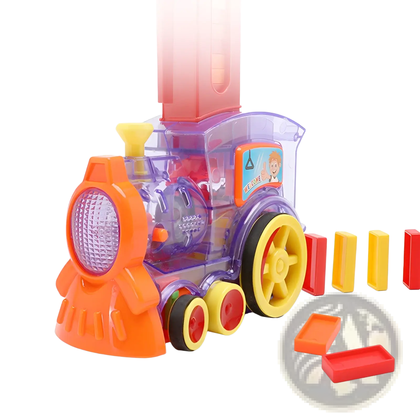 A colorful domino train toy with an orange front, purple transparent body, and yellow wheels made of plastic