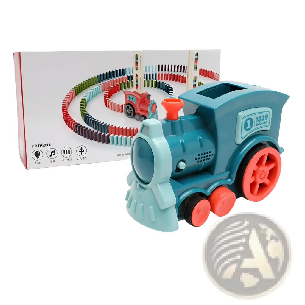 Blue and red plastic domino train toy with automatic electric building blocks for track design and playsets