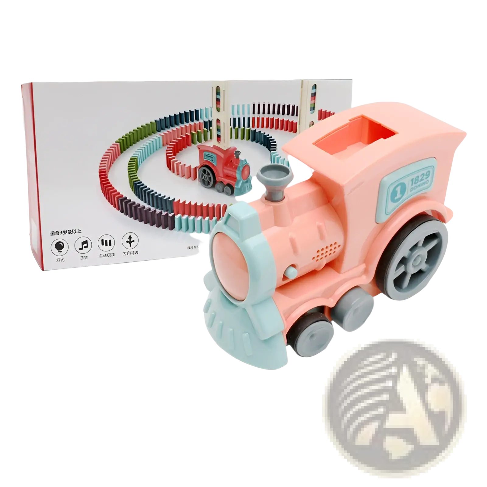 Pastel pink and light blue plastic domino train toy with gray wheels from automatic electric building blocks set