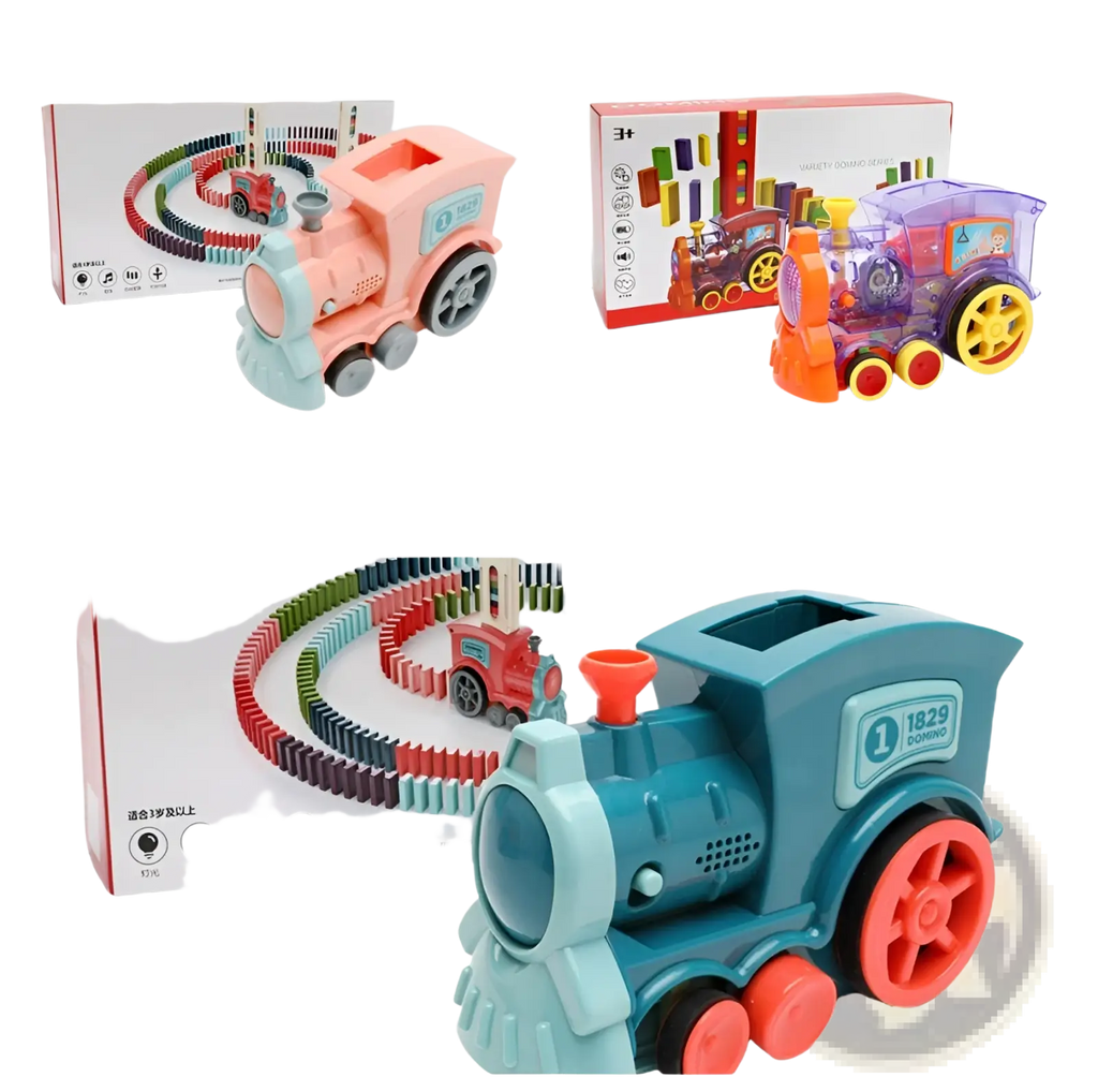 Blue and teal plastic domino train toy with red wheels featuring an automatic electric building blocks set design