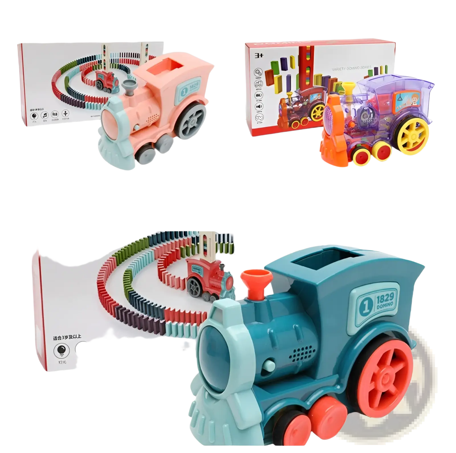 Blue and teal plastic domino train toy with red wheels featuring an automatic electric building blocks set design