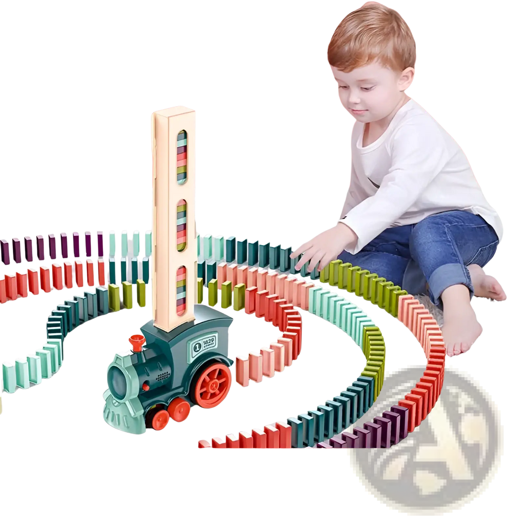 Domino train toy automatic electric building blocks set featuring a green and red toy train with a colorful tower on back