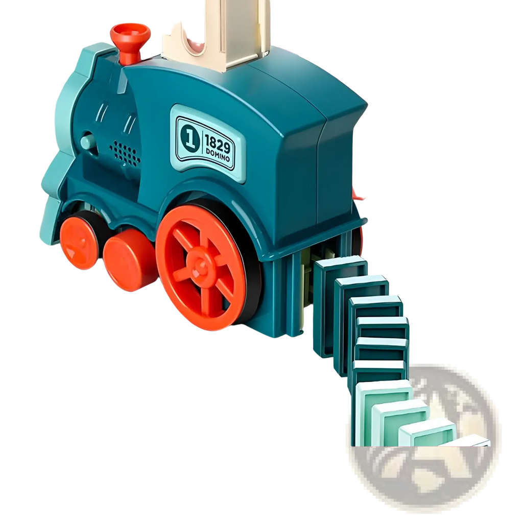 Teal and orange plastic train-shaped domino card organizer with red wheels for domino train toy automatic electric building blocks set