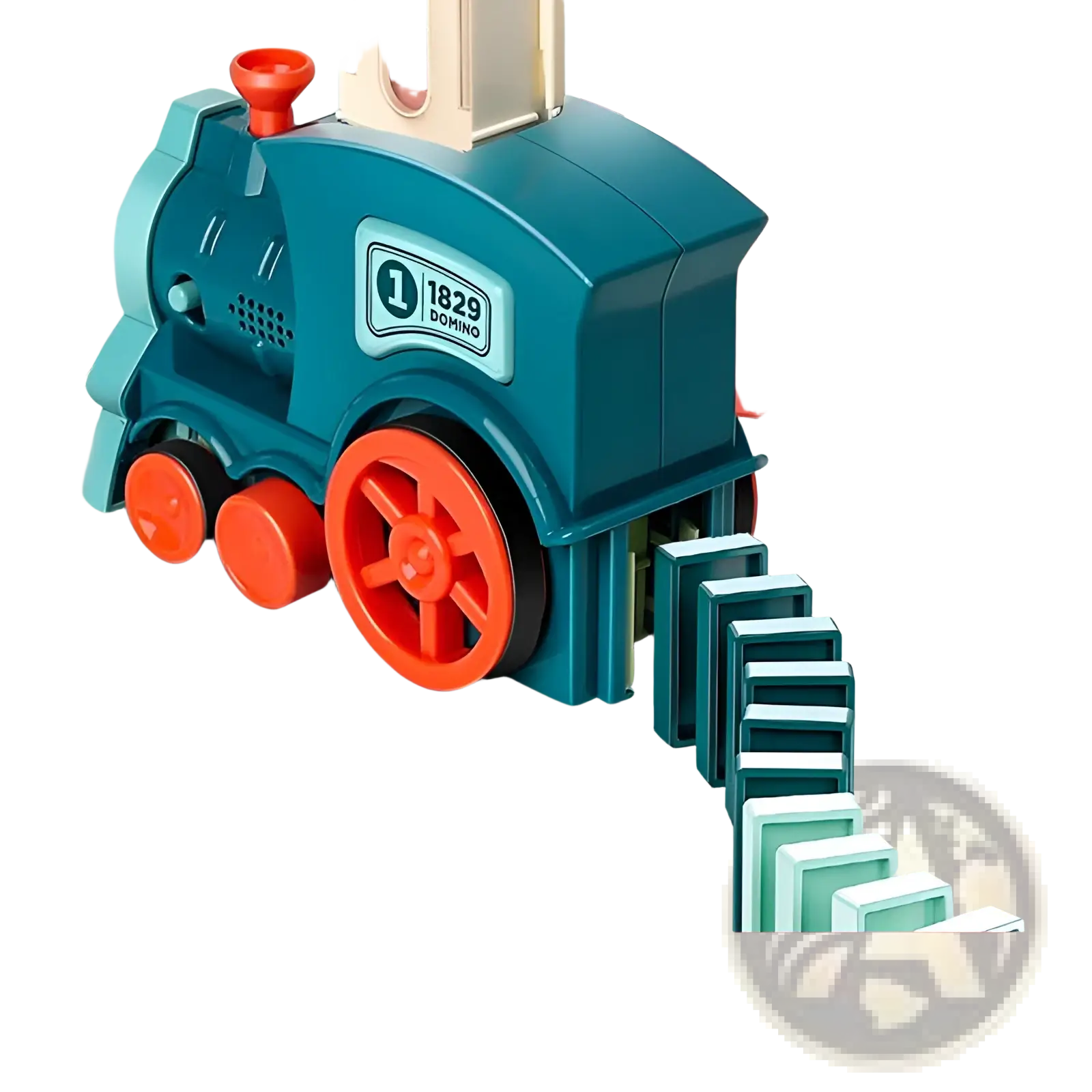 Teal and orange plastic train-shaped domino card organizer with red wheels for domino train toy automatic electric building blocks set