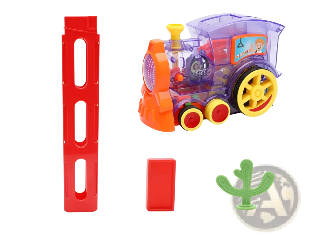 Colorful domino train toy automatic electric building blocks set with transparent purple body and orange wheels