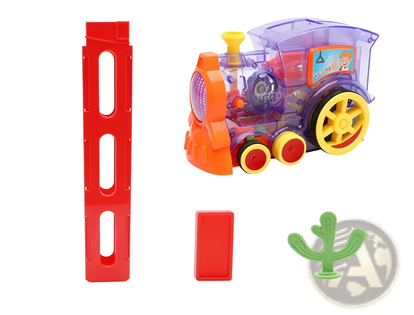 Colorful domino train toy automatic electric building blocks set with transparent purple body and orange wheels