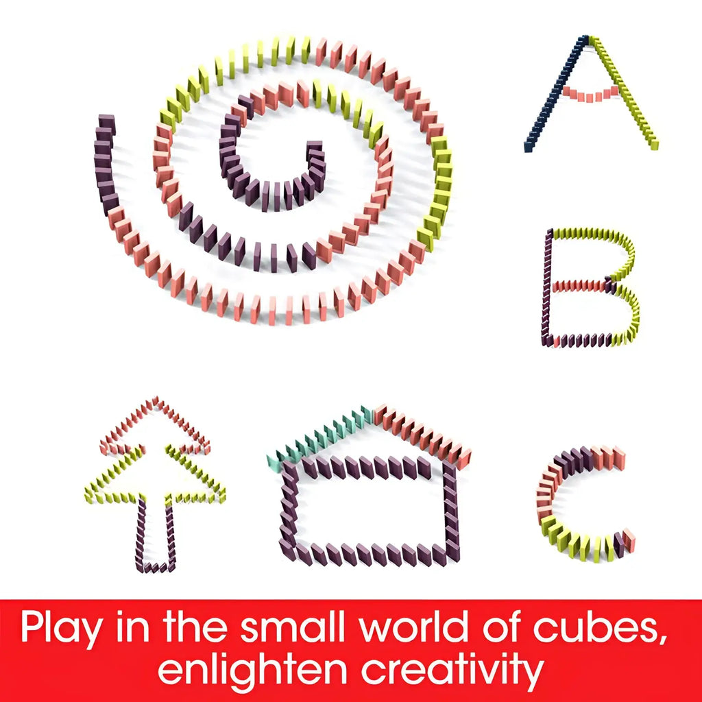Colorful domino train toy automatic electric building blocks set arranged in a spiral forming letters arrows and shapes