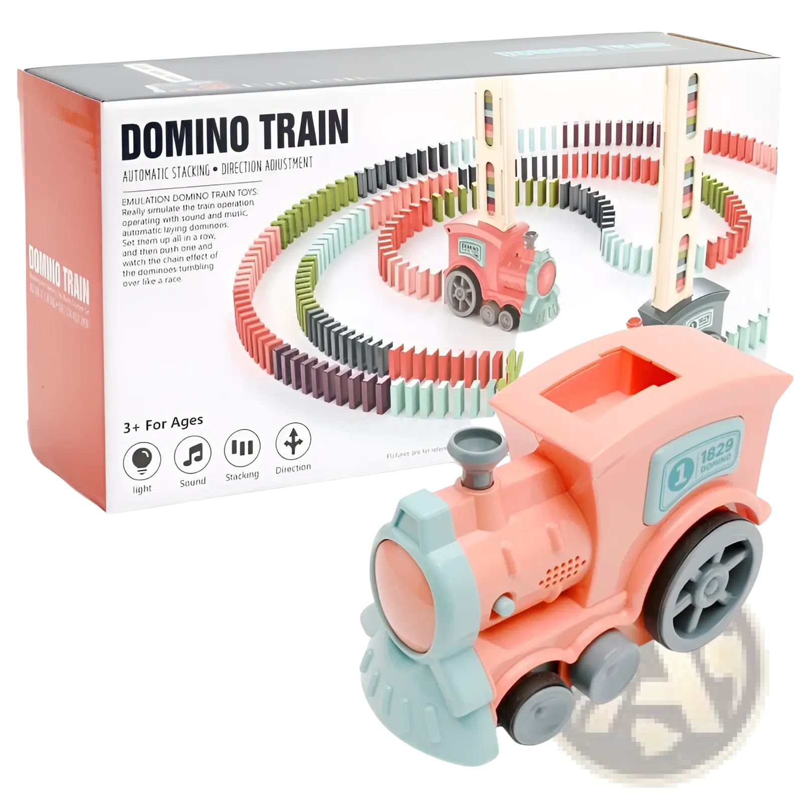 Pink plastic domino train toy with light blue accents and gray wheels in an automatic electric building blocks set