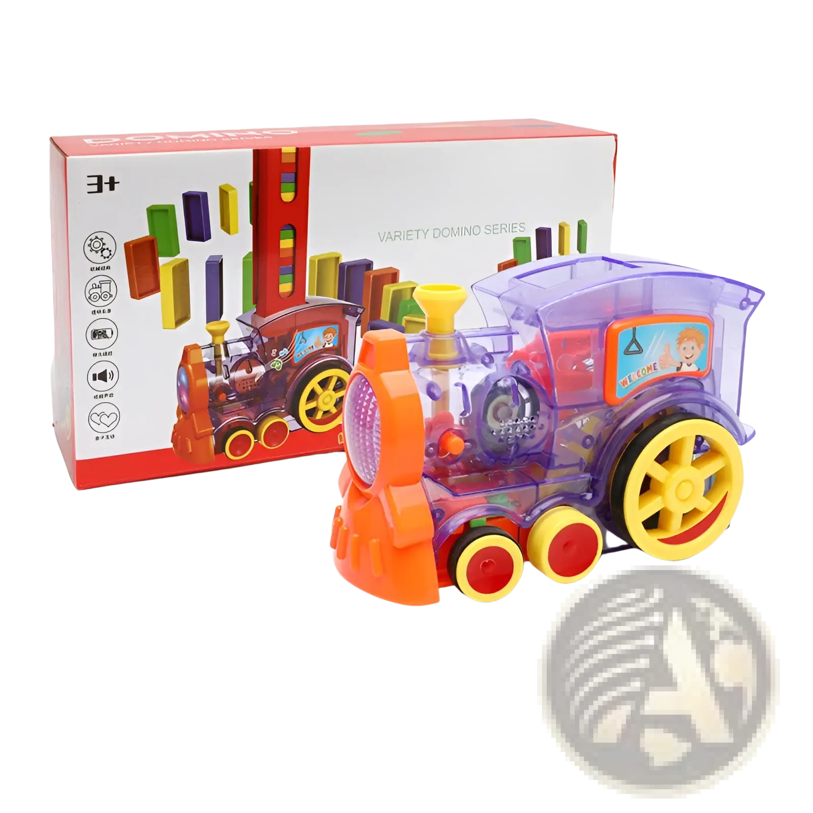 Domino train toy automatic electric building blocks set featuring a colorful translucent plastic train with orange front purple body and yellow wheels