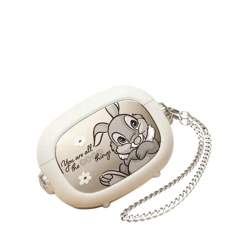 Donald duck wireless in-ear headphones with charging case and gray bunny lanyard featuring floral accents and phrase battery life