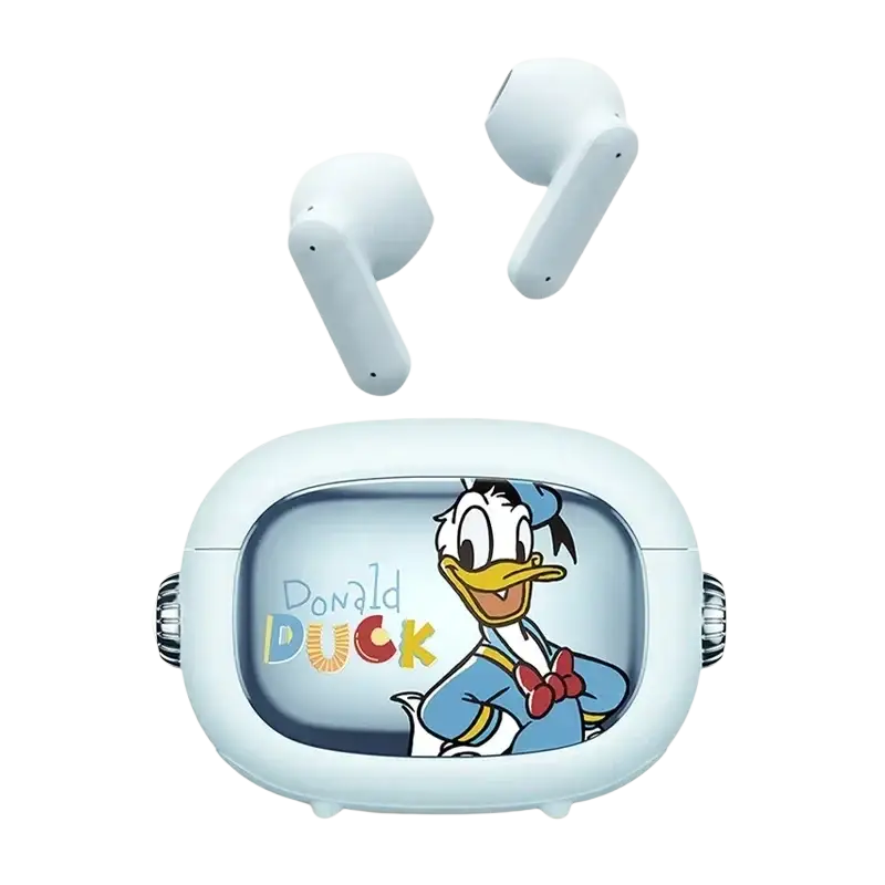 Light blue Donald Duck wireless in-ear headphones with charging case featuring extended battery life and battery capacity