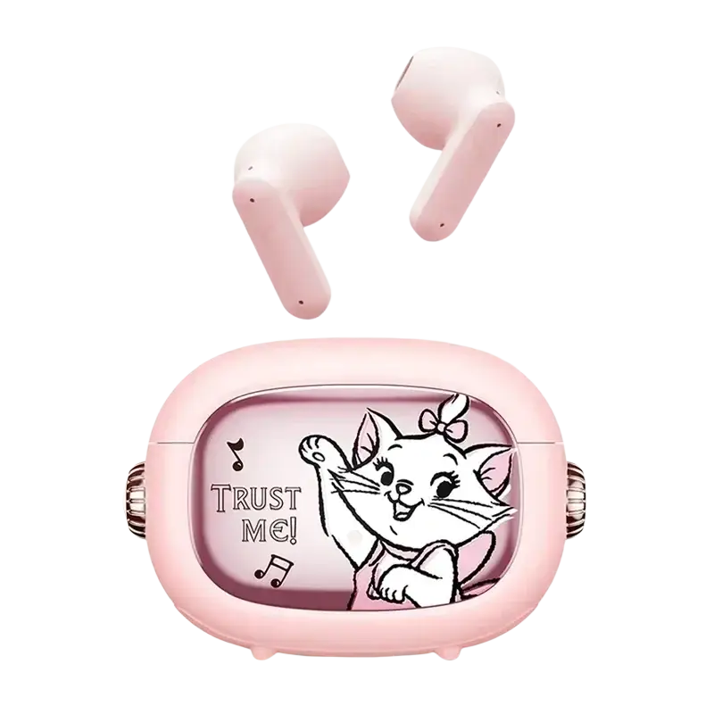 Pink disney marie wireless in-ear headphones with pink charging case featuring cartoon cat and trust me text for extended battery life