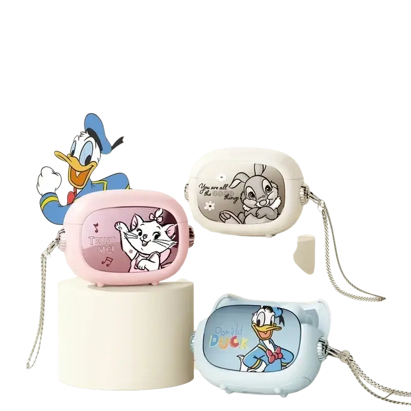 Pink and white donald duck wireless in-ear headphones with charging case featuring character designs and enhanced battery life