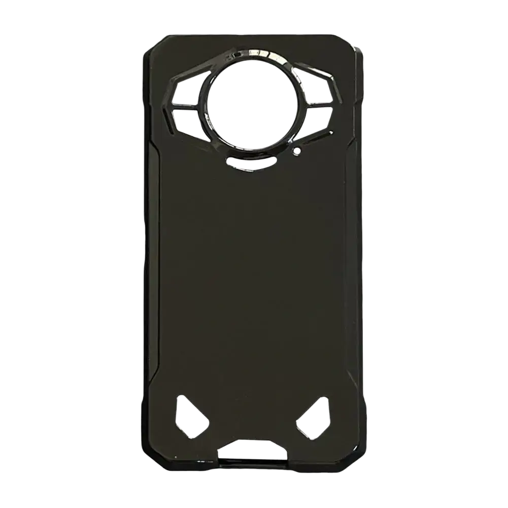 Back side of a black armored rugged Doogee S200 5G phone case with angular design and circular camera cutout