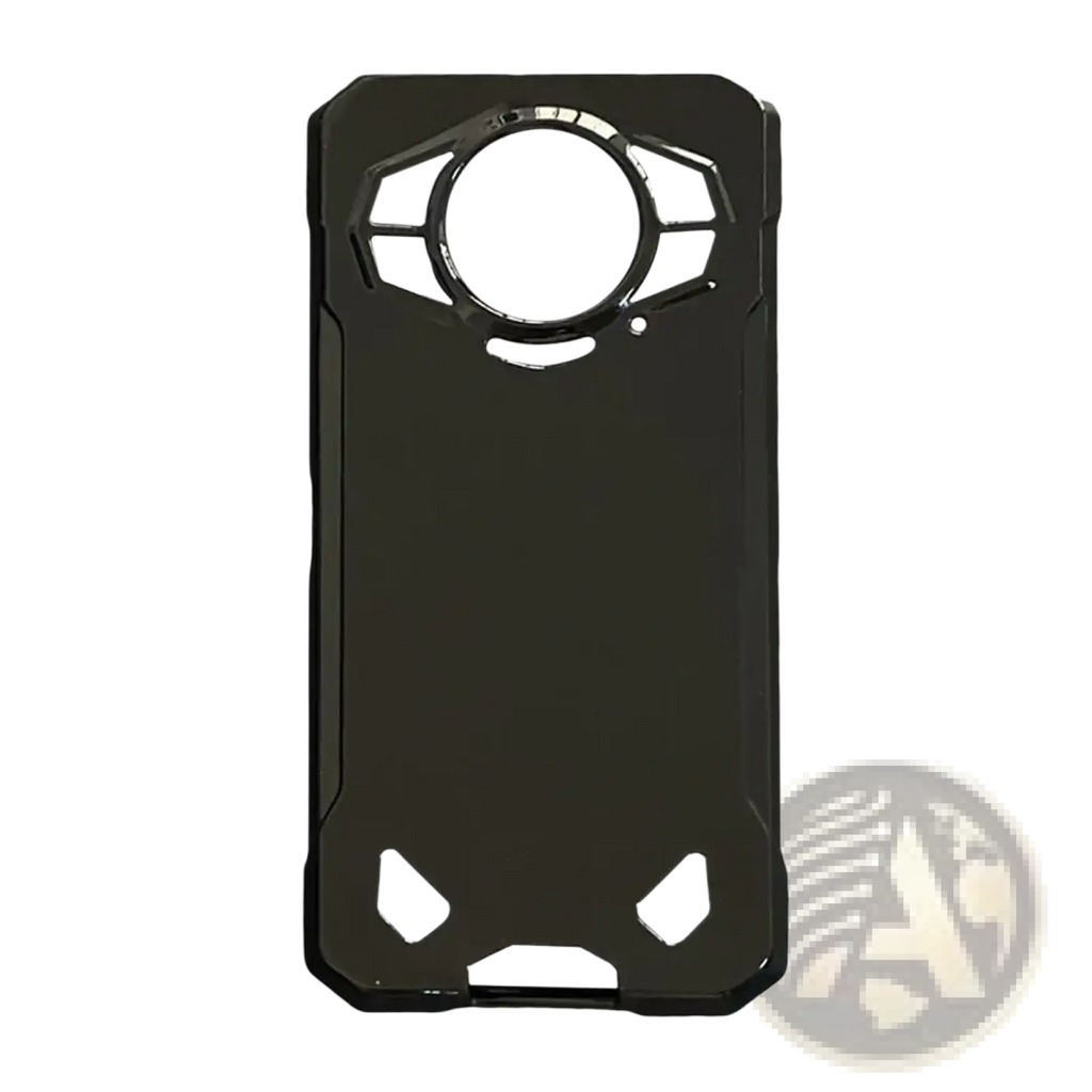 Back side of a black armored rugged Doogee S200 5G phone case with angular design and circular camera cutout
