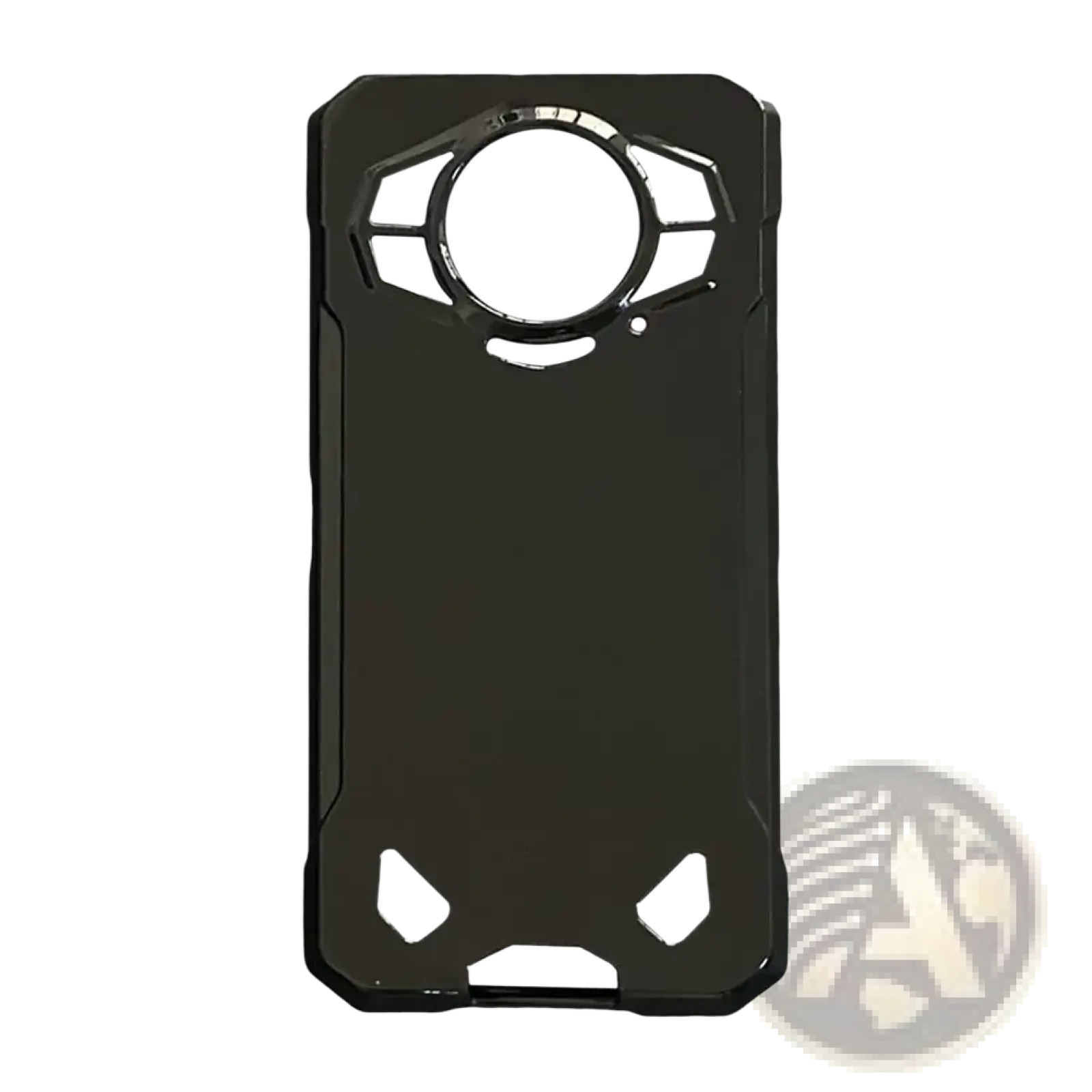 Back side of a black armored rugged Doogee S200 5G phone case with angular design and circular camera cutout