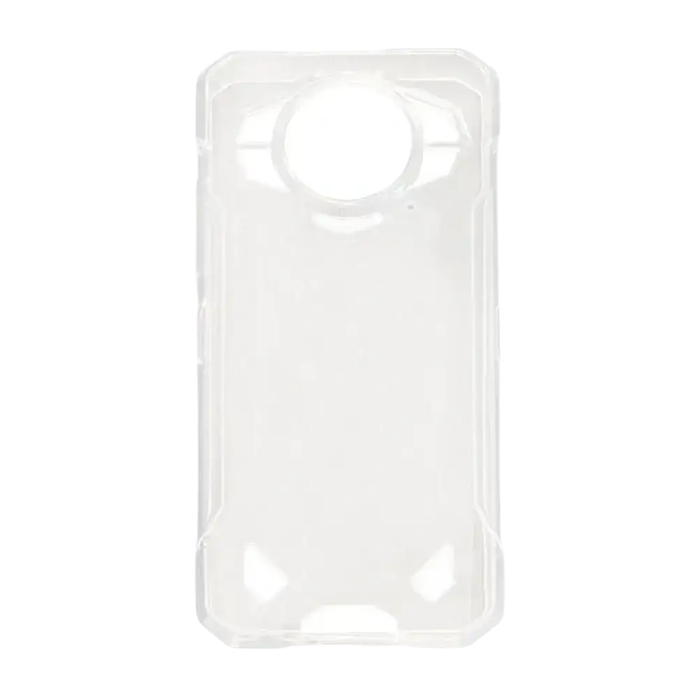 Back side of a clear transparent doogee s200 5g black rugged phone case with textured design and camera cutouts
