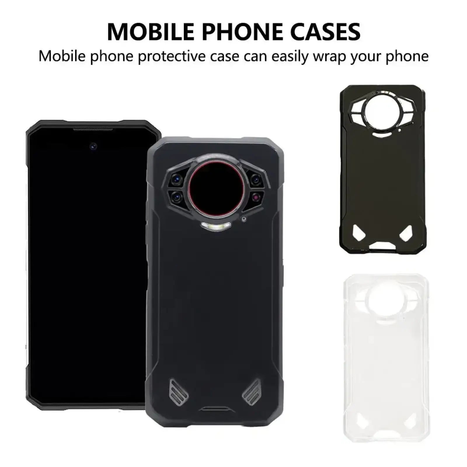 Back side of a black rugged Doogee S200 5g phone case with angular design and circular camera cutout made from durable material