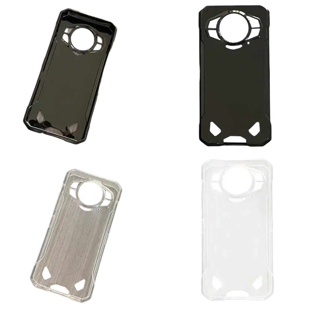 Black and transparent doogee s200 5g rugged phone cases with angular design and circular camera cutout shown from back side